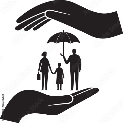 Family protected under caring hands with umbrella