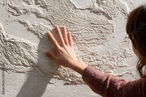 Hand Touching Off-White Textured Wall Close-Up for Interior Decor Texture Paint Design

