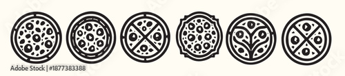 Six Black and White Pizza Icons Circular Designs Various Toppings Overhead View monochrome