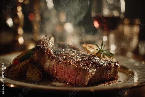 Pan-Seared Steak with Steam Close-Up for Restaurant Fine Dining Scene
