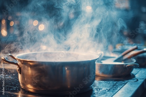 Steaming Copper Pot in Kitchen with Warm Light Bokeh, Close-Up for Cooking Content & Kitchen Decor Material
