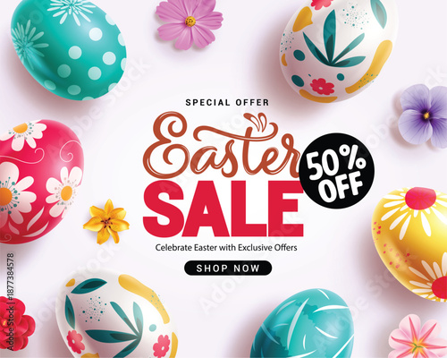 Easter Sale banner clipart design. Happy Easter Sale promo special offer text with colorful eggs and flowers decoration elements clip art for holiday promotion flyers and advertisement 