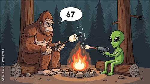 Cartoon Bigfoot and Alien Roasting Marshmallows Over a Campfire in a Forest, with a Speech Bubble Saying "67"
