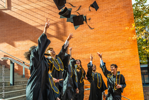 Tableau sur toile Diverse students celebrating graduation tossing caps in air