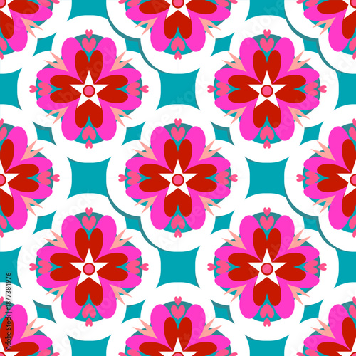A vibrant seamless geometric pattern featuring ethnic tribal motifs and floral ornaments. The design showcases a modern bohemian style with symmetrical diamond shapes and zigzag lines in turquoise, br