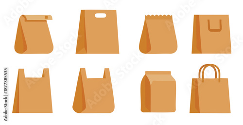 Nine different styles of brown paper shopping bags on white background Keywords: shopping bag