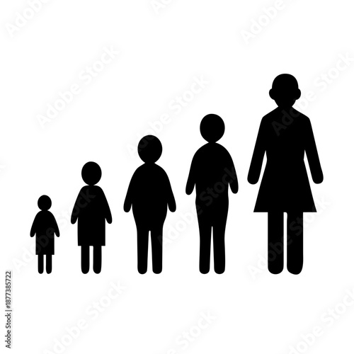 Human life stages from baby to elderly woman illustrated in cute cartoon style, representing growth, aging, family, childhood, adulthood, and old age development
