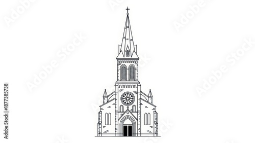 Elegant line drawing illustration of a majestic church with a tall spire and intricate