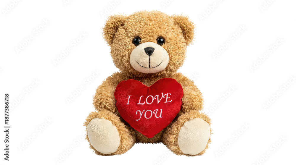 Obraz premium Happy valentine's day cute teddy bear holding a red heart with i love you text on its chest object on white and png