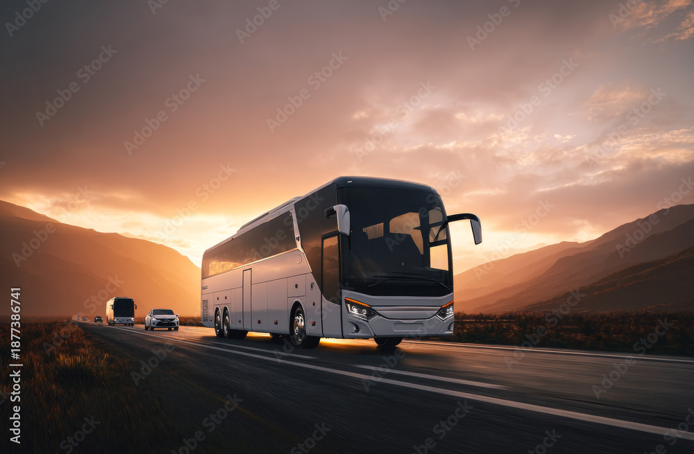 Obraz premium Luxury modern white passenger bus with sleek exterior design traveling on open highway at sunset