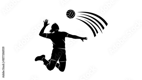 Dynamic silhouette of a female volleyball player in mid-air, powerfully spiking the ball during a competitive match, embodying athletic prowess and intense sport action