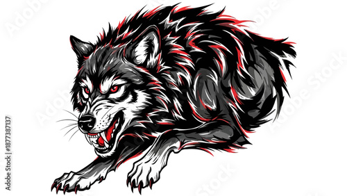 Fierce Wolf Illustration with Red Eyes and Black and White Fur, a Symbol of Power and Wildness