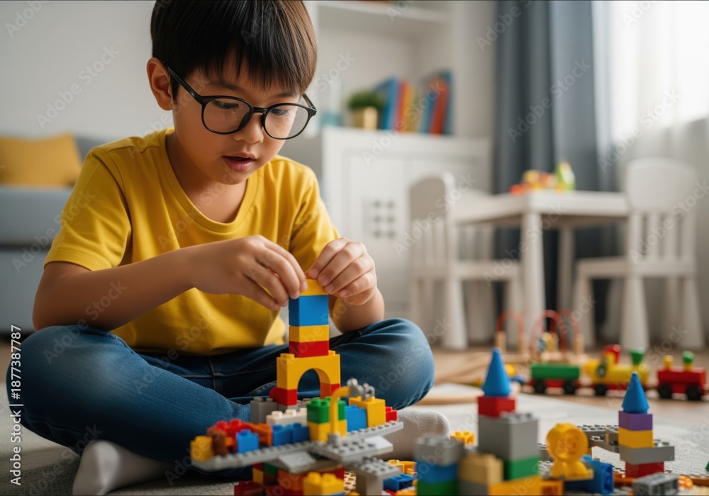 Fototapeta premium Focused asian boy with glasses building a structure with colorful plastic bricks on the floor