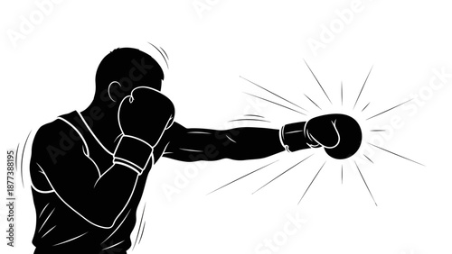 Silhouette of a boxer throwing a punch with a burst of energy, illustrating combat and athletic power in sports