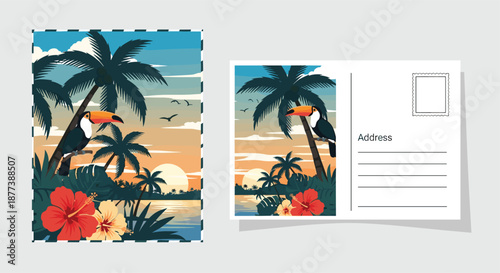 Tropical sunset scene featuring a toucan bird perched on a palm tree with hibiscus flowers in the foreground on a postcard design layout.