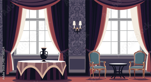 Classic luxury room interior featuring large windows with heavy purple drapes, a table with a black vase, and two elegant armchairs for guests.