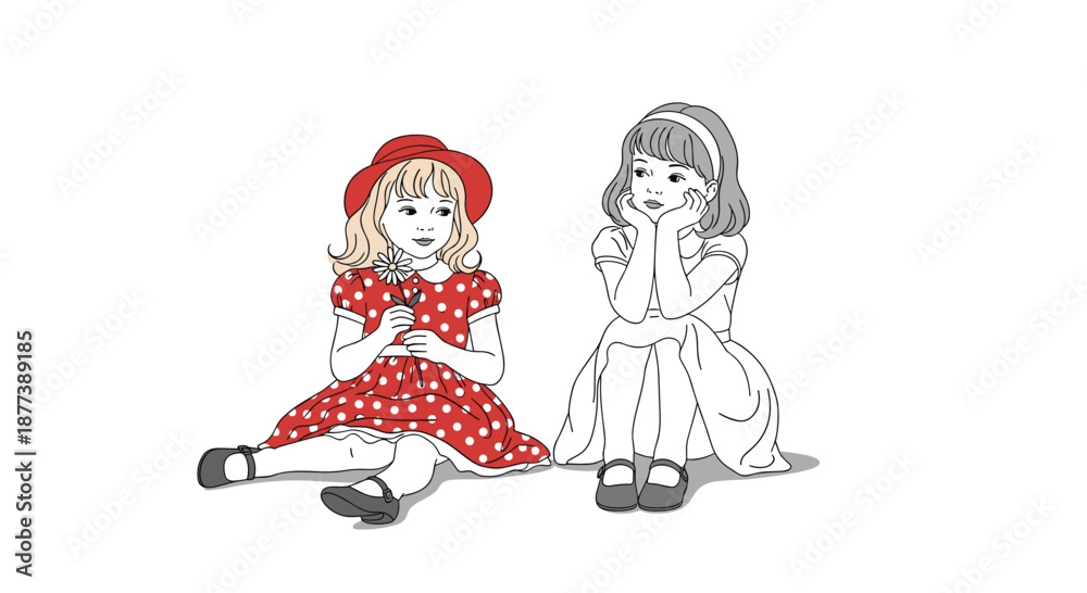 Obraz premium Black and white line drawing of two young girls sitting together, with one wearing a red polka dot dress as a vibrant focal point for art.