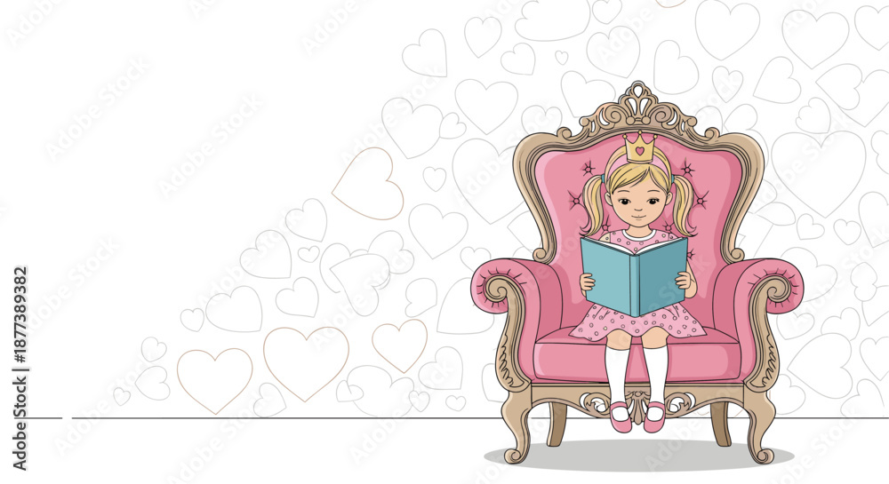 Obraz premium Charming little princess with a crown and blond hair reading a blue book in a luxurious pink armchair with hearts.