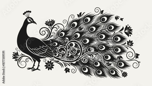 Intricate black and white illustration of a majestic peacock, its elaborate tail exquisitely detailed with elegant scrollwork and flourishing floral motifs, symbol of artistic beauty and grace