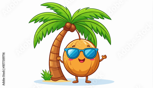 Cute anthropomorphic coconut wearing sunglasses waving under a palm tree on a tropical island, perfect for summer and vacation themes