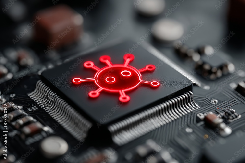 Fototapeta premium On an electronic circuit board, a red virus model is shown with black and red lines symbolizing technology and healthcare challenges