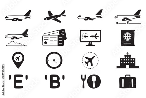 Airport travel UI icons for flight booking and boarding pass applications