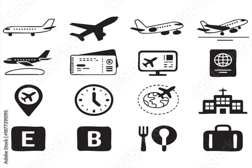 Travel booking UI symbols for airport schedule and route planning tools