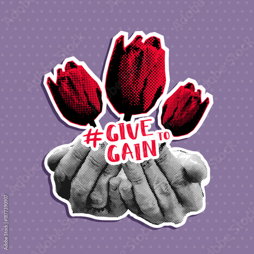 International Womens Day 8 march banner for Give To Gain campaign 2026. Collage with women hands and tulip flower elements in halftone style. Contemporary vector illustration