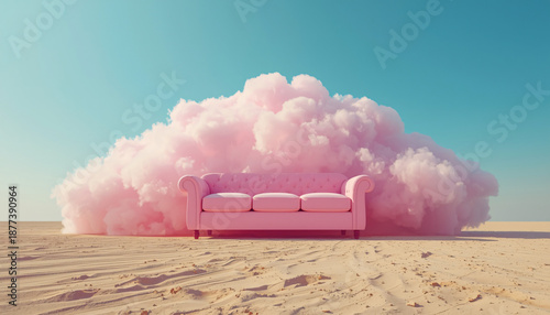 surreal silliness creative business concept with fluffy cloud sofa in desert