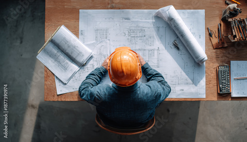 Wallpaper Mural Male construction worker wearing an orange safety helmet examining architectural blueprints at a wooden desk in a construction site Torontodigital.ca