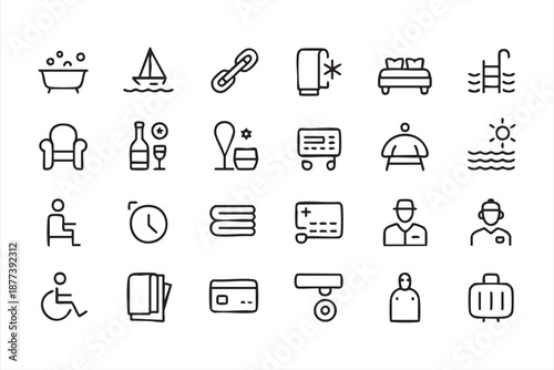 UI hotel icon kit for resort apps, room service dashboards, hospitality websites