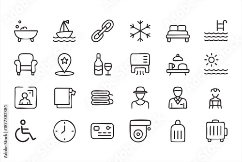 Hotel service icon set for spa apps, room booking dashboards, resort websites