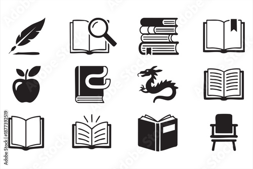 Reading and library UI icons for textbook platforms, student apps, school systems