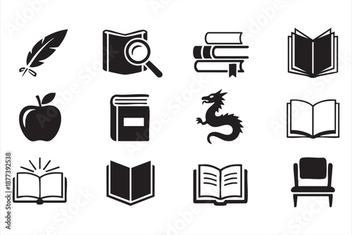 Book and publishing icon set for author tools, editorial dashboards, research apps