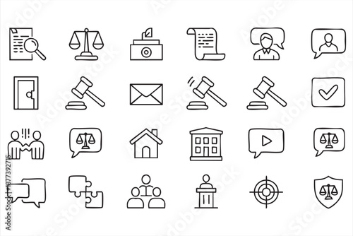 Justice and court symbols for attorney portals, compliance systems, litigation tools