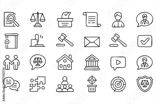 Legal management UI icons for contract review, case tracking, courtroom software