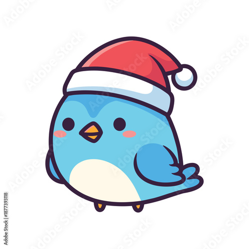 Blue Bird Wearing Christmas Hat Vector Illustration