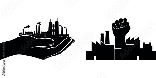 Industrial power vector silhouette of factory and labor day on transparent background
