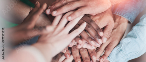 Foto University, above or hands together with motivation, team victory or support in group assignment