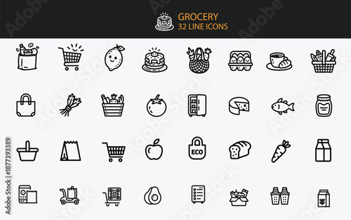 Grocery shopping and food line icons set on white background Keywords: grocery, shopping, food