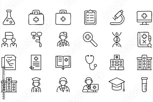 Hospital management UI icons for diagnosis tools, treatment platforms