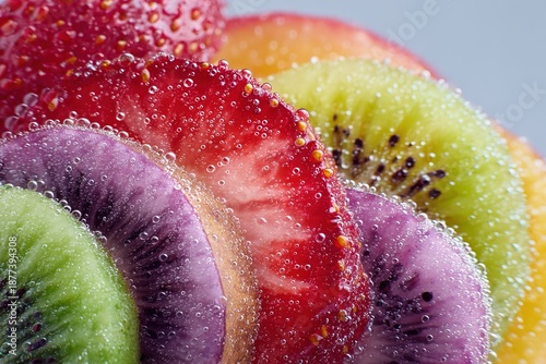 Colorful Bubbly Fruit Slices Strawberry Purple Kiwi Close-up Healthy Drink Decoration Material
