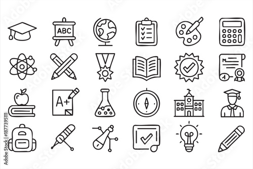 Education interface icons for science lessons, study management tools