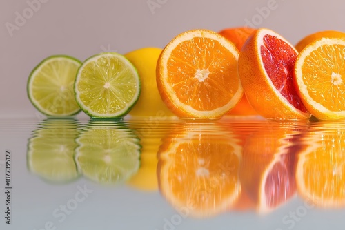 Fresh citrus fruit slices still life: Lime, orange, grapefruit with reflection, food photography material
