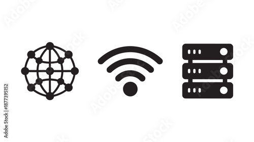 Vector Illustration Of Network Connection Symbols Including Globe, Wi-Fi, And Server For Technology And Communication Concept