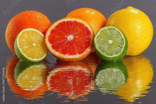 Juicy citrus fruit still life: Orange, grapefruit, lemon, lime with water droplets and reflection, food material
