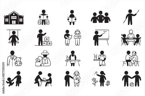 Preschool learning icon set for toddler platforms, nursery systems