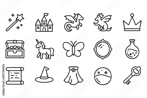Fantasy magic line icons with dragon, unicorn, castle and fairytale symbols