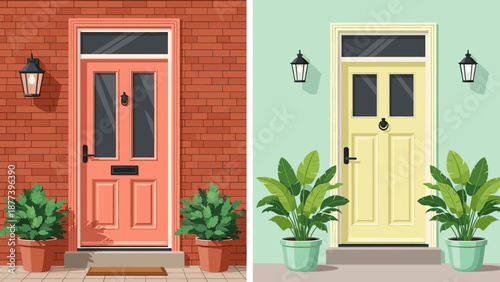 Colorful front doors with plants illustration