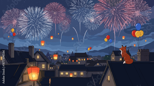 Cartoon cityscape at night with fireworks and balloons